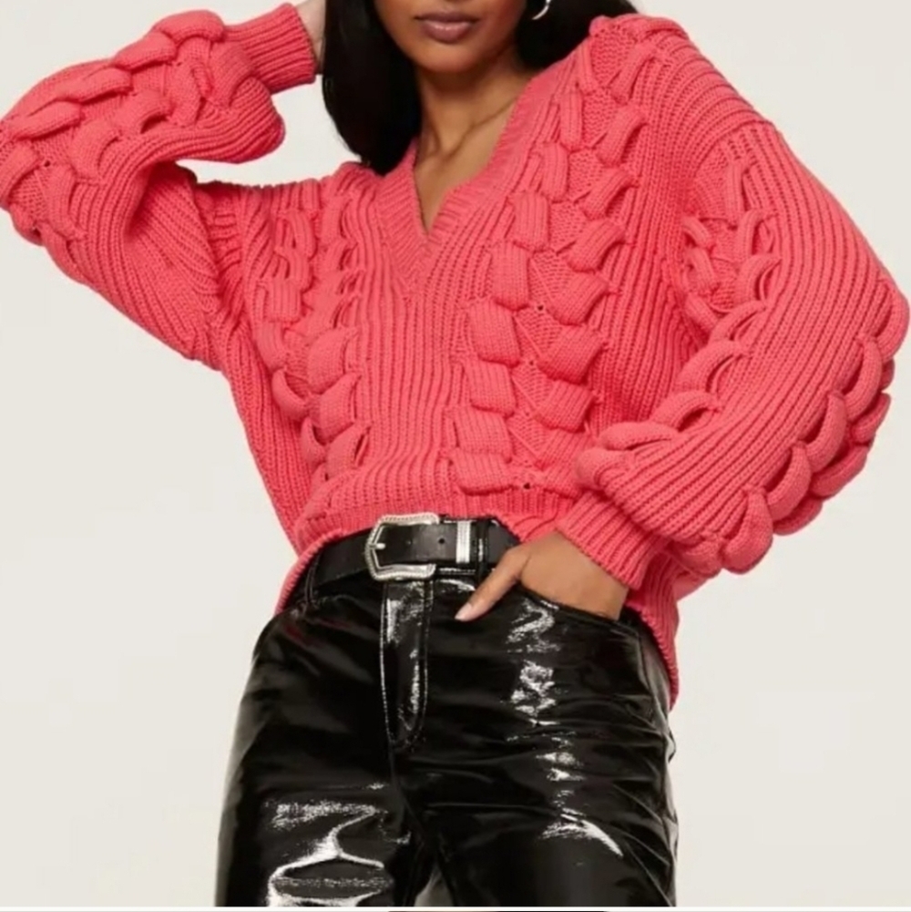 IRO Arwy Chunky Cable Oversized V-Neck Sweater 3D Knit Bubblegum Pink Size XS